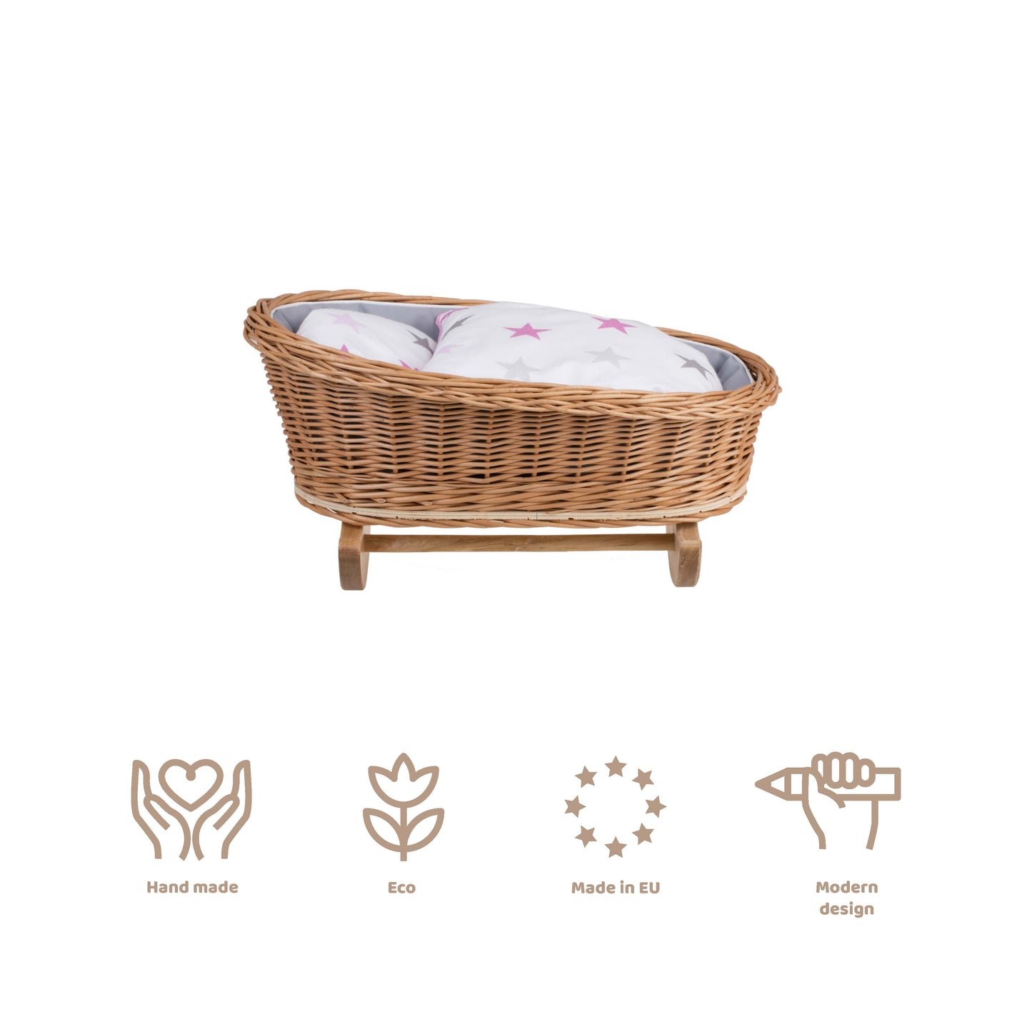 Mimi wiklinowa kołyska dla lalek z szarym obszyciem, poduszką i kołderką TheWickerStories