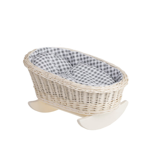 Mimi wiklinowa kołyska dla lalek z szarym obszyciem, poduszką i kołderką TheWickerStories