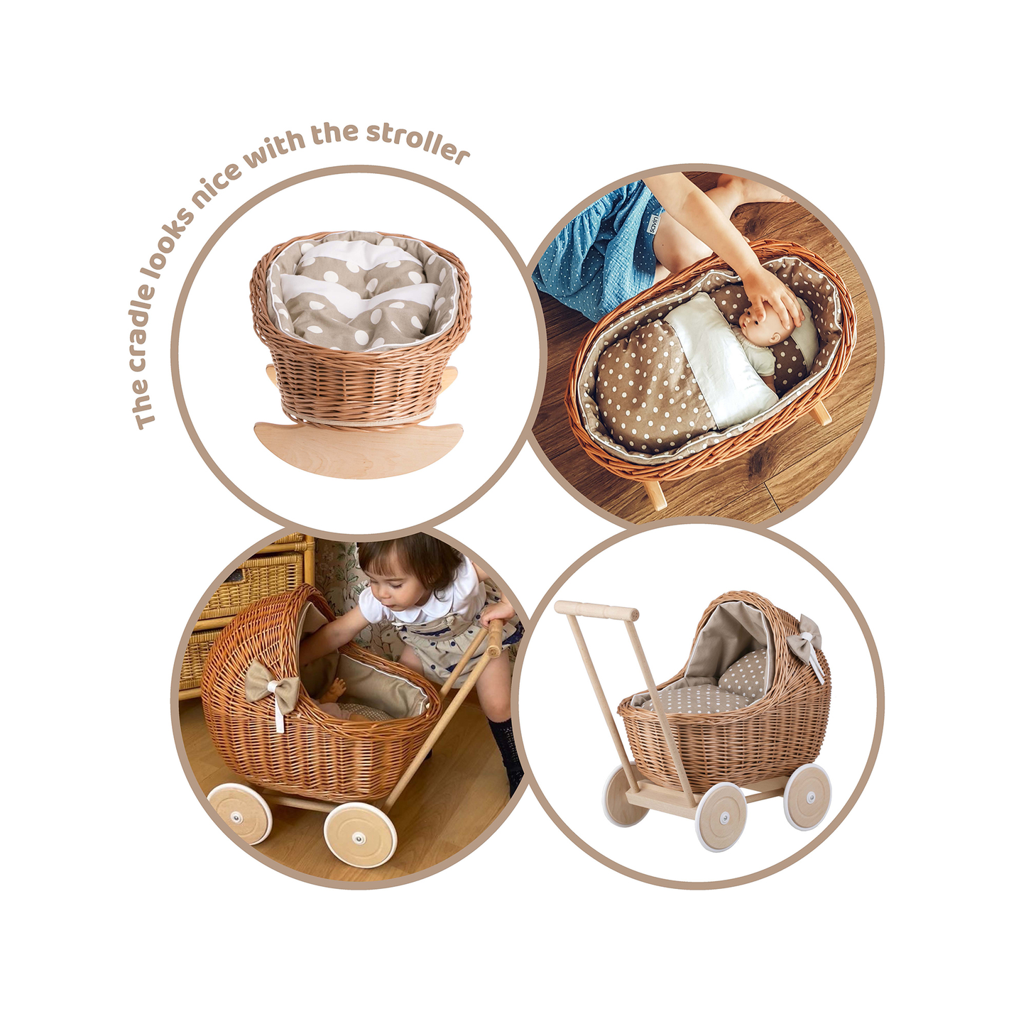 Mimi wiklinowa kołyska dla lalek z beżowym obszyciem, poduszką i kołderką TheWickerStories
