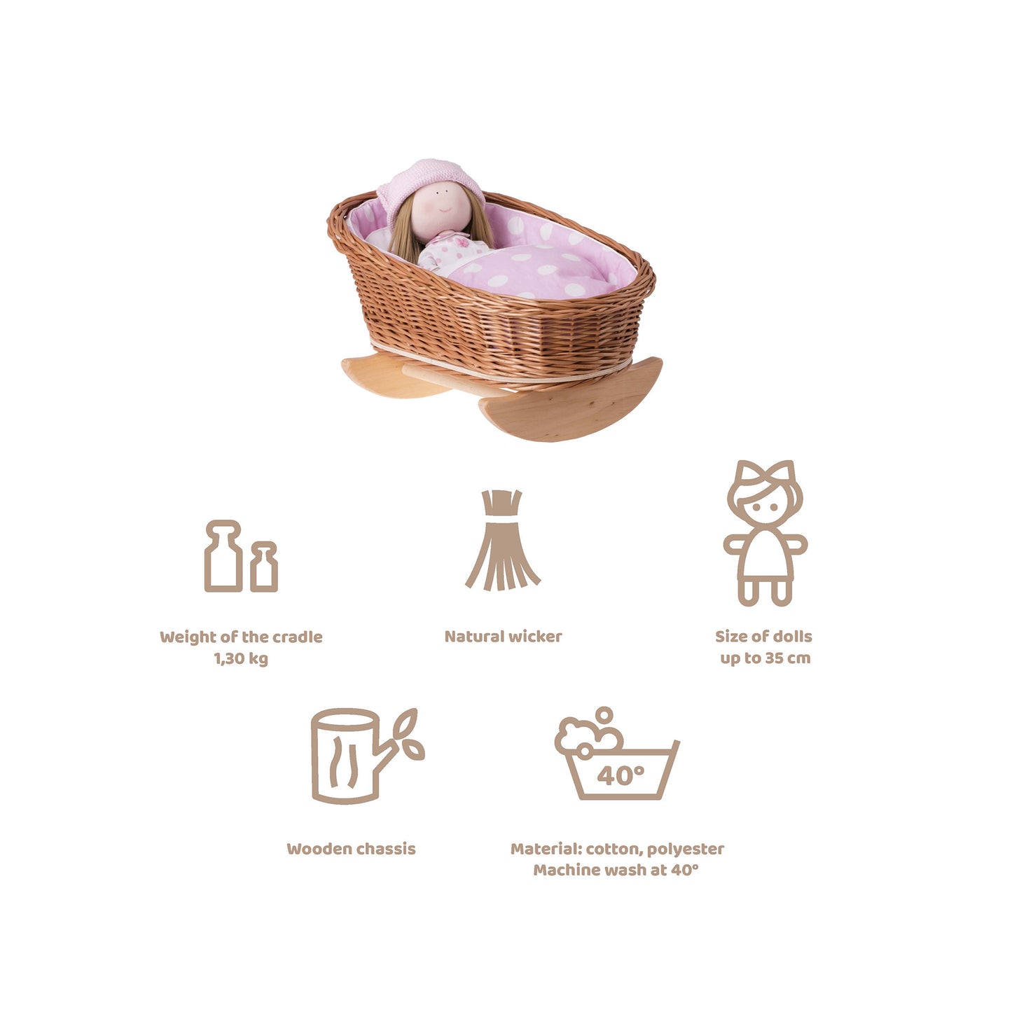 Mimi wiklinowa kołyska dla lalek z różowym obszyciem, poduszką i kołderką TheWickerStories