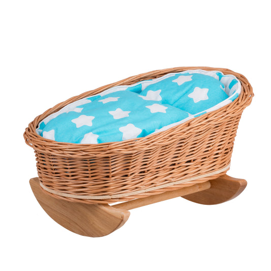Mimi wiklinowa kołyska dla lalek z niebieskim obszyciem, poduszką i kołderką TheWickerStories