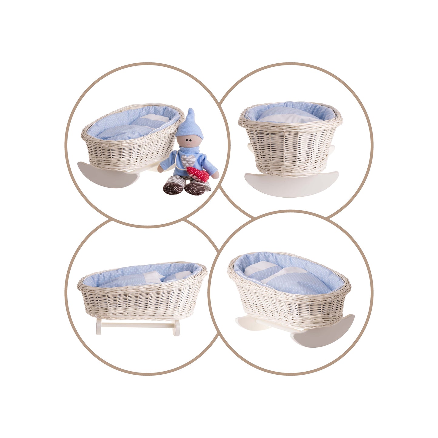 Mimi wiklinowa kołyska dla lalek z niebieskim obszyciem, poduszką i kołderką TheWickerStories