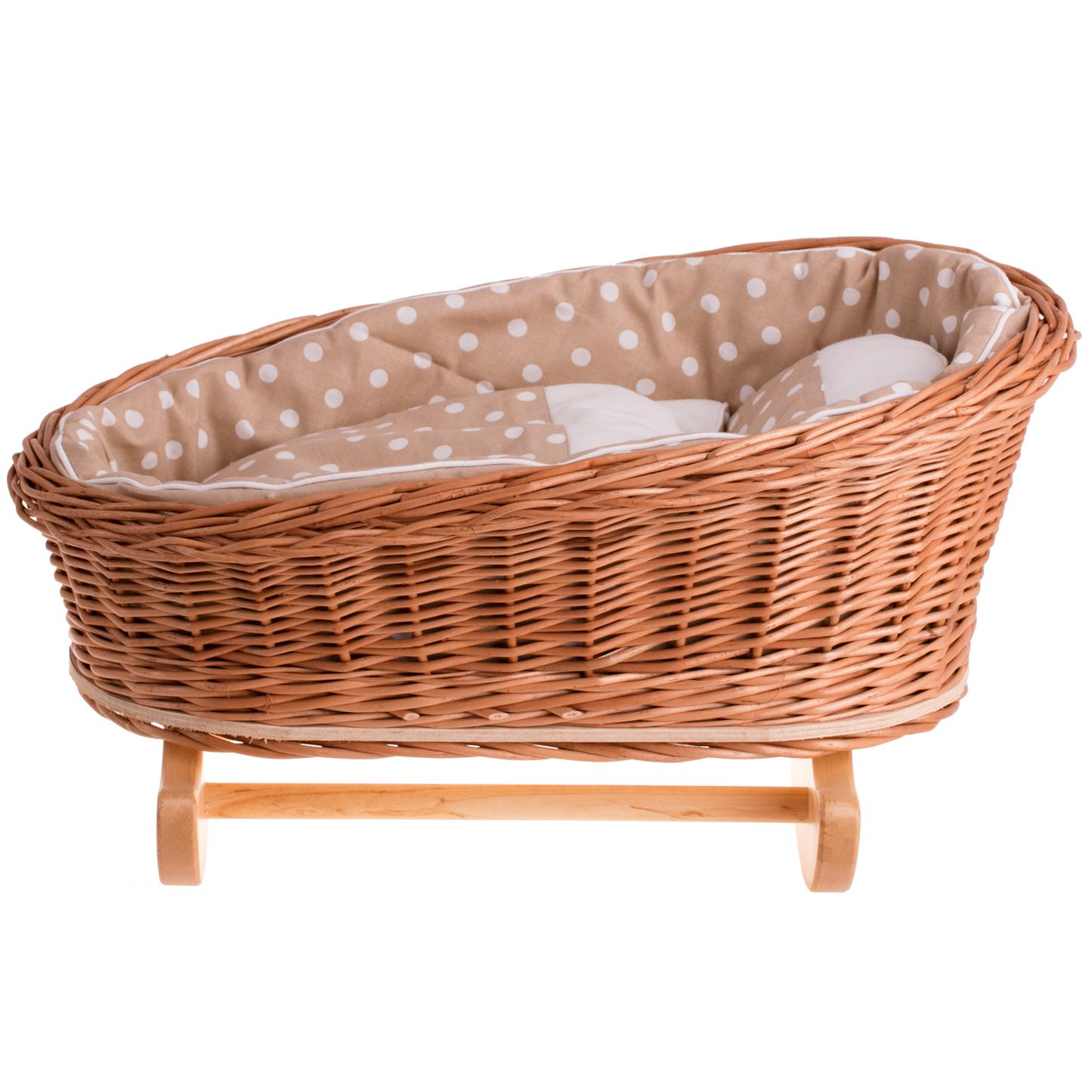 Mimi wiklinowa kołyska dla lalek z beżowym obszyciem, poduszką i kołderką TheWickerStories