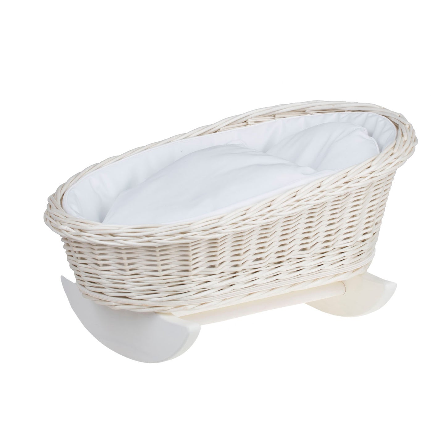Mimi wiklinowa kołyska dla lalek z białym obszyciem, poduszką i kołderką TheWickerStories