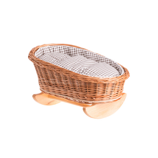 Mimi wiklinowa kołyska dla lalek z brązowym obszyciem, poduszką i kołderką TheWickerStories