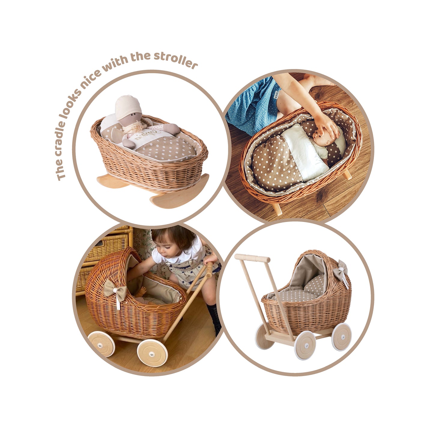 Mimi wiklinowa kołyska dla lalek z personalizacją, beżowym obszyciem, poduszką i kołderką TheWickerStories