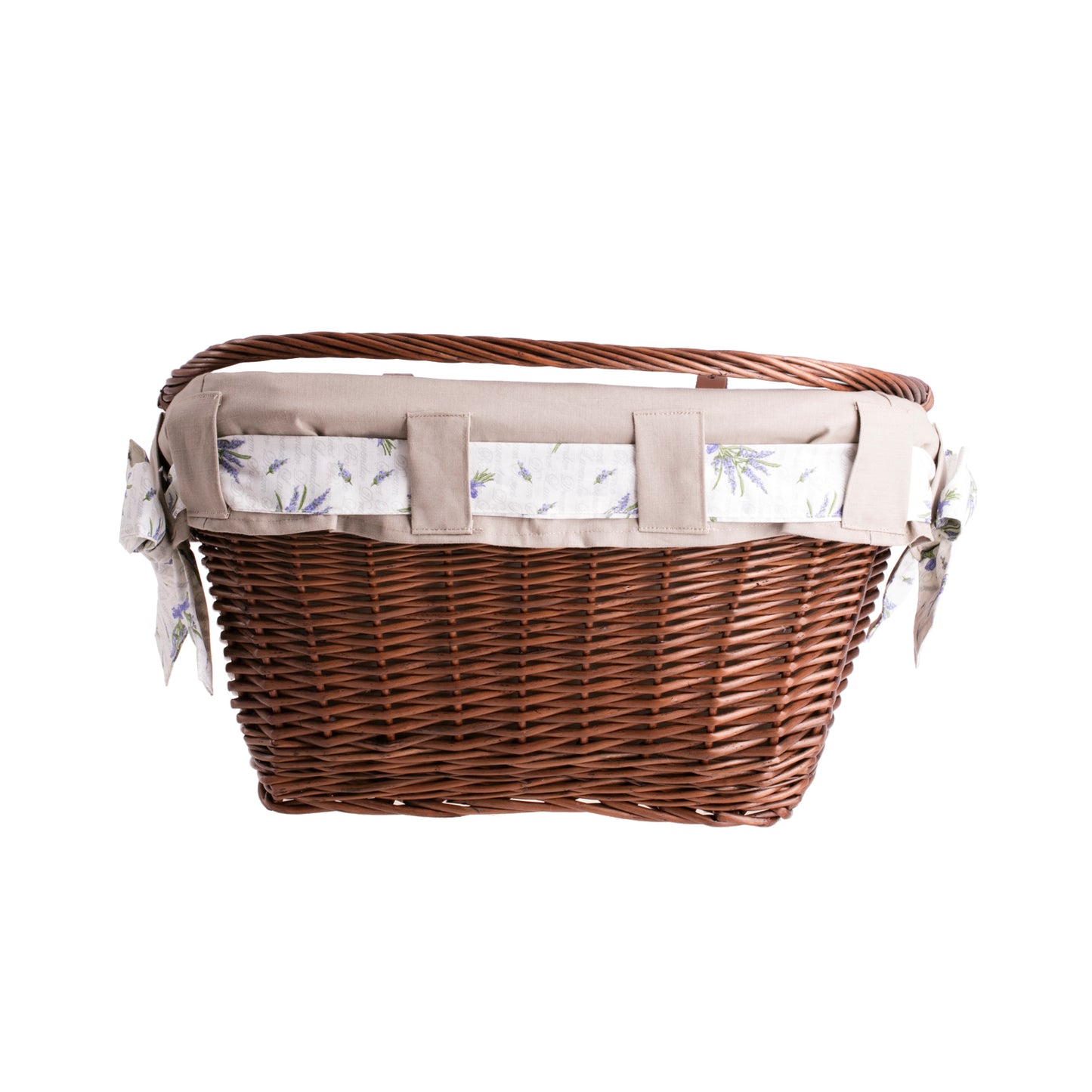 Magnus wiklinowy kosz na rower na kierownicę z beżowym obszyciem, z rączką i paskami TheWickerStories