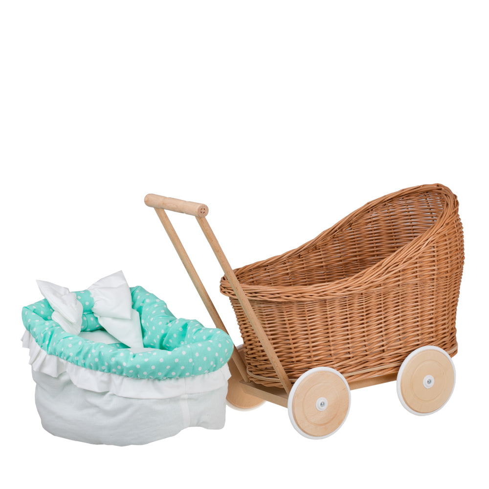 Luna wiklinowy wózek dla lalek z zielonym obszyciem, kołderką i poduszką TheWickerStories