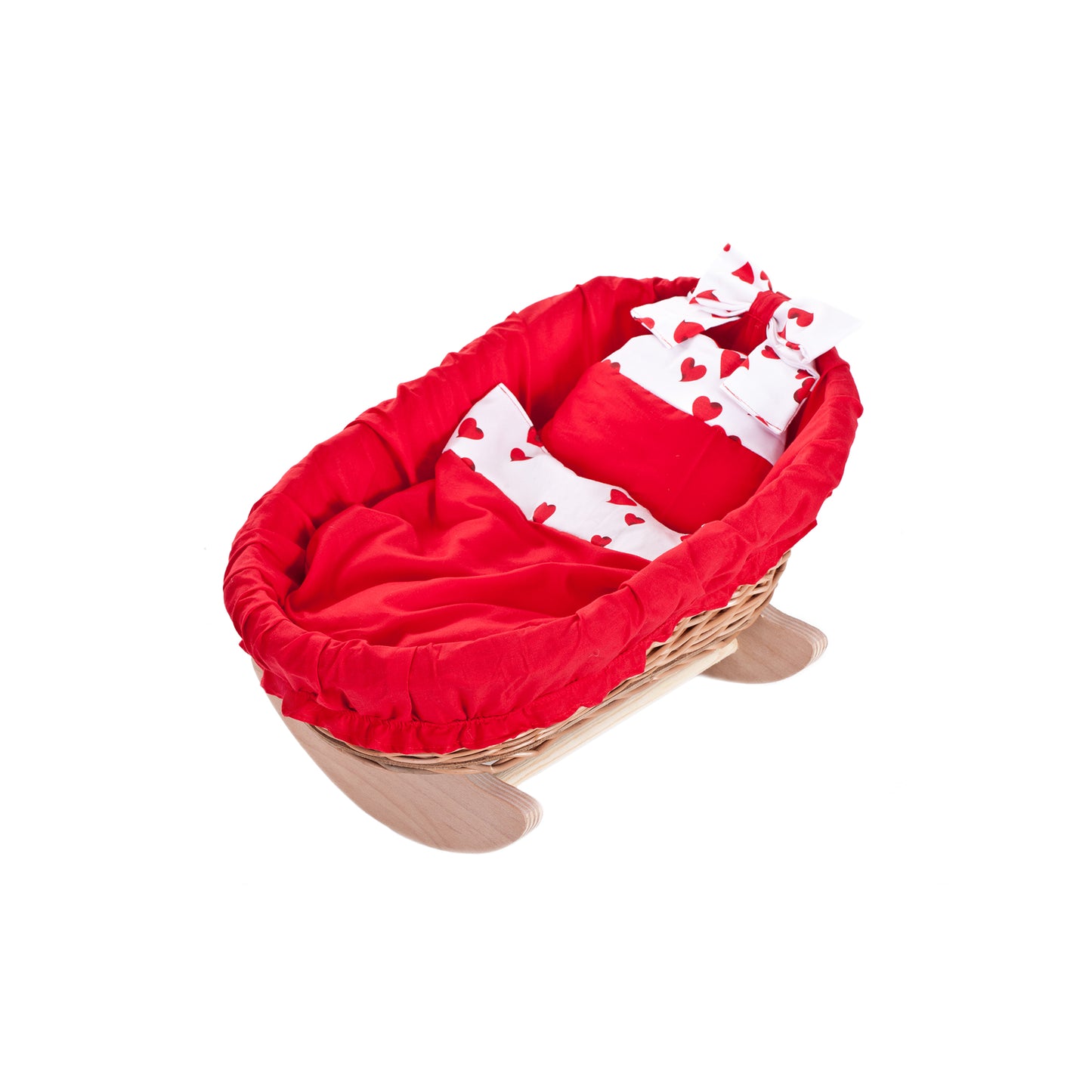Mimi wiklinowa kołyska dla lalek z czerwonym obszyciem, poduszką i kołderką TheWickerStories