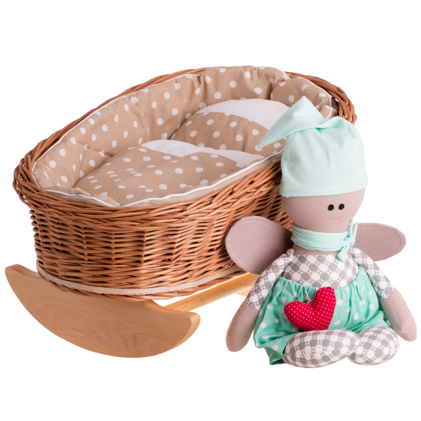 Mimi wiklinowa kołyska dla lalek z beżowym obszyciem, poduszką i kołderką TheWickerStories