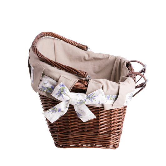 Magnus wiklinowy kosz na rower na kierownicę z beżowym obszyciem, z rączką i paskami TheWickerStories