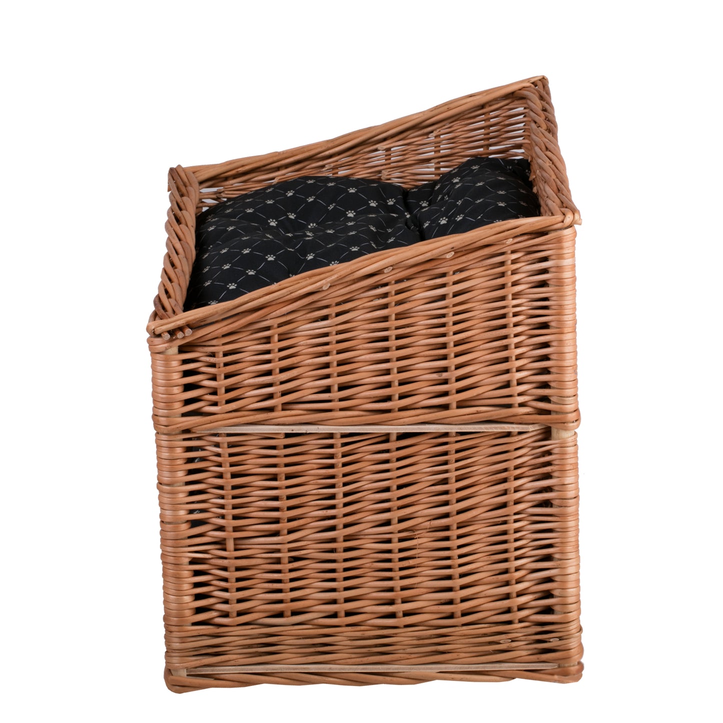 Estrella wiklinowy domek dla kota z dwoma wodoodpornymi poduszkami, tarasem i okienkiem TheWickerStories