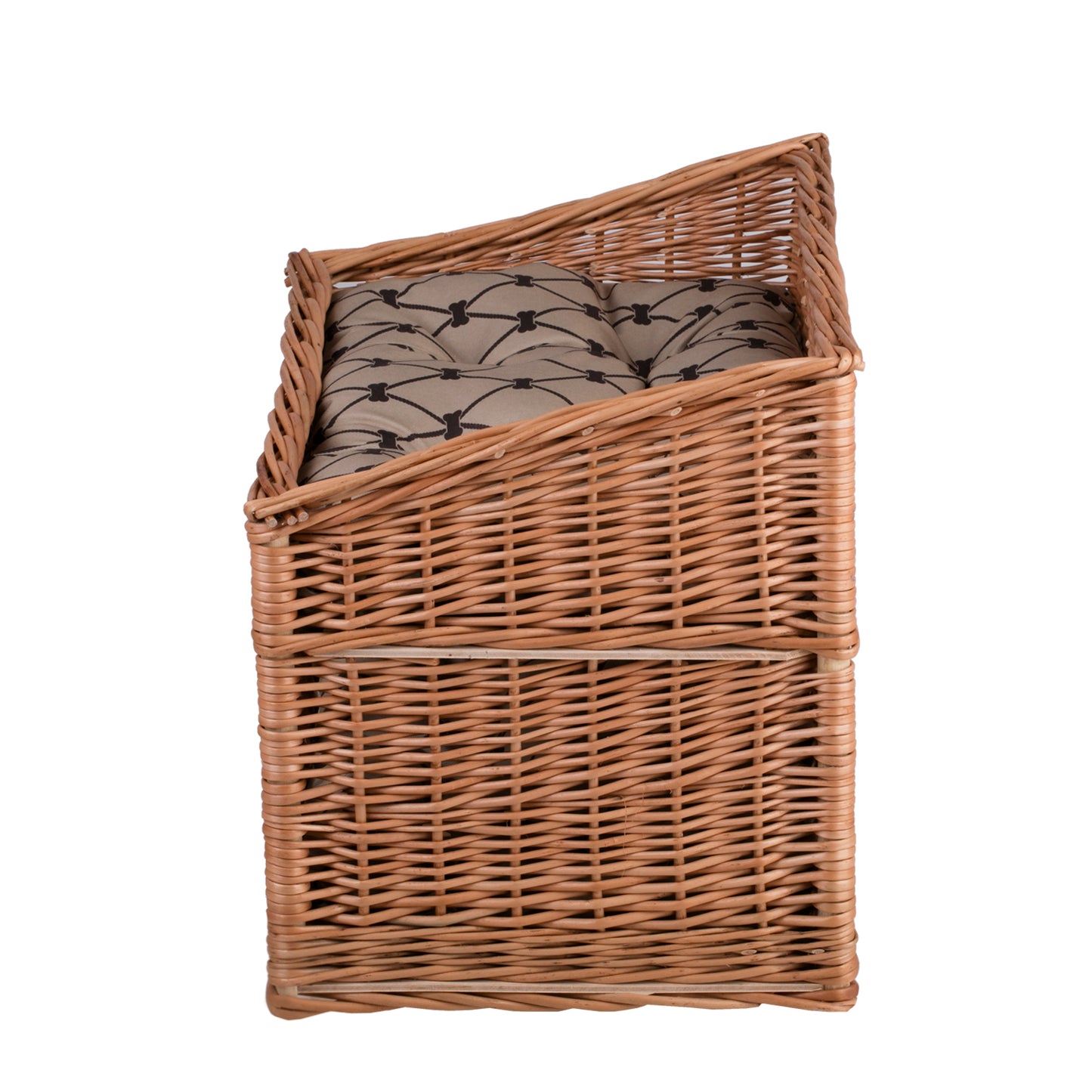 Estrella wiklinowy domek dla kota z dwoma wodoodpornymi poduszkami, z okienkiem i tarasem TheWickerStories