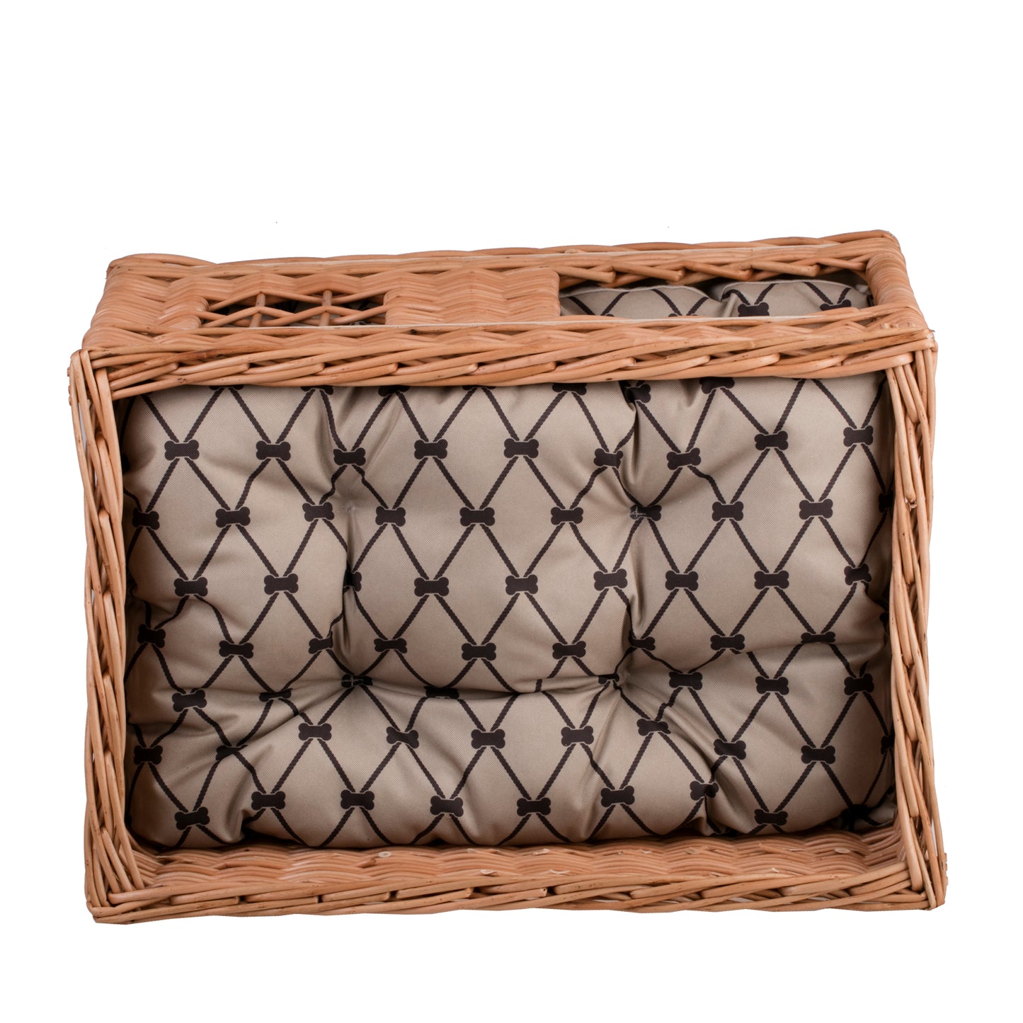 Estrella wiklinowy domek dla kota z dwoma wodoodpornymi poduszkami, z okienkiem i tarasem TheWickerStories