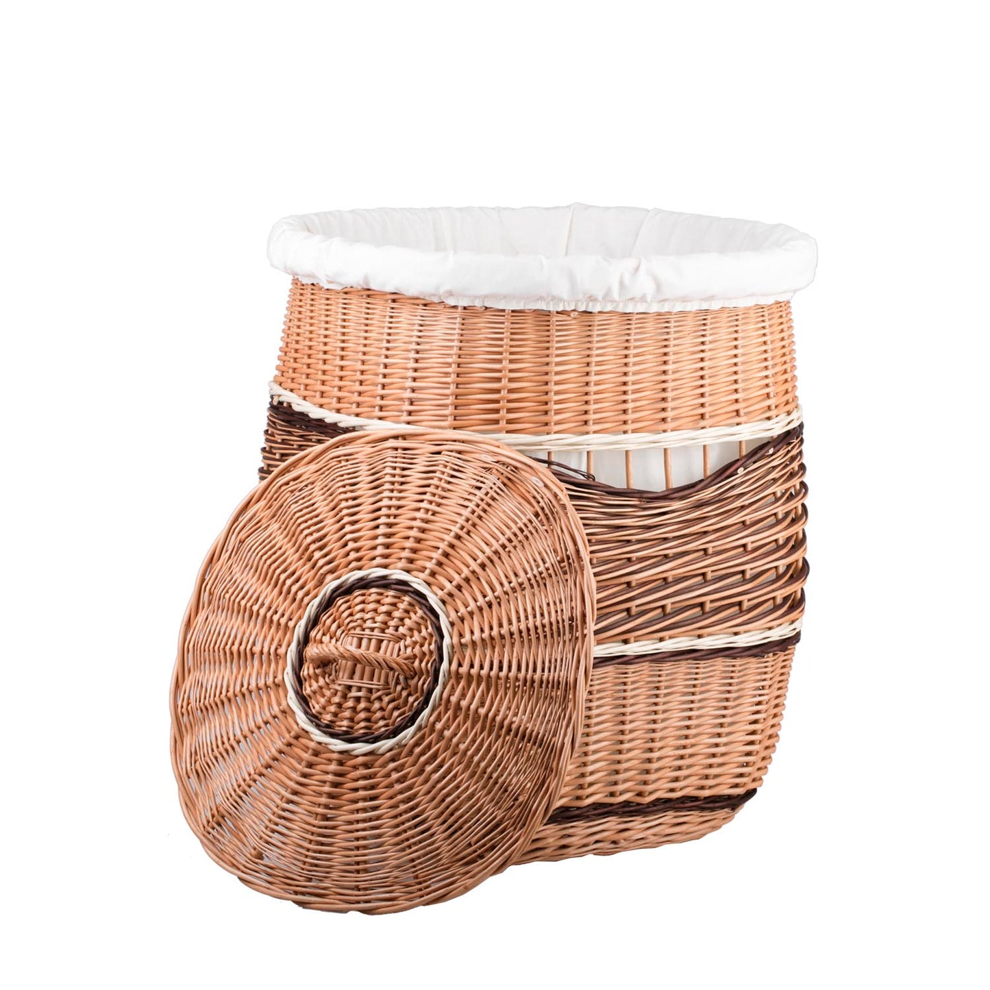 Milar wiklinowy kosz na pranie z białym obszyciem, z pokrywą i uchwytem TheWickerStories