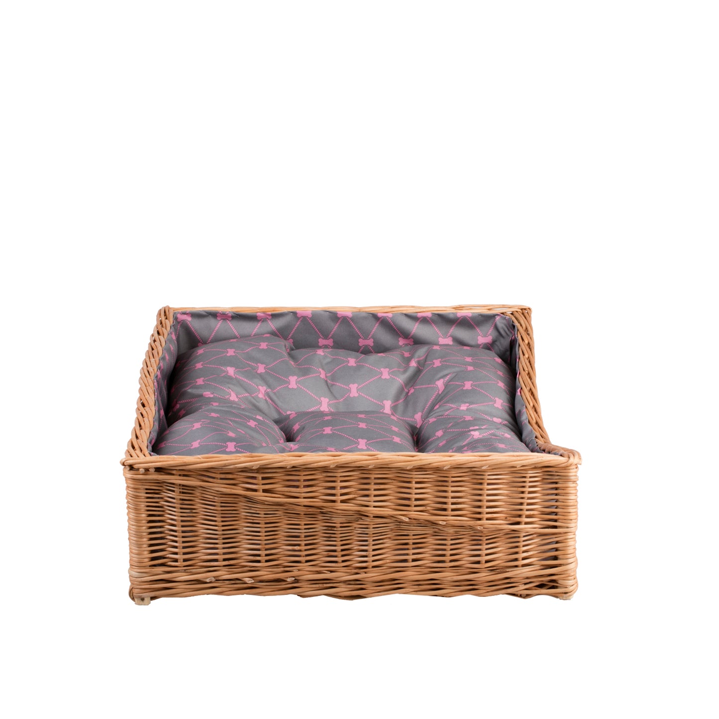 Eris wiklinowy kosz dla psa i kota z szarą poduszką, z obniżonym wejściem TheWickerStories