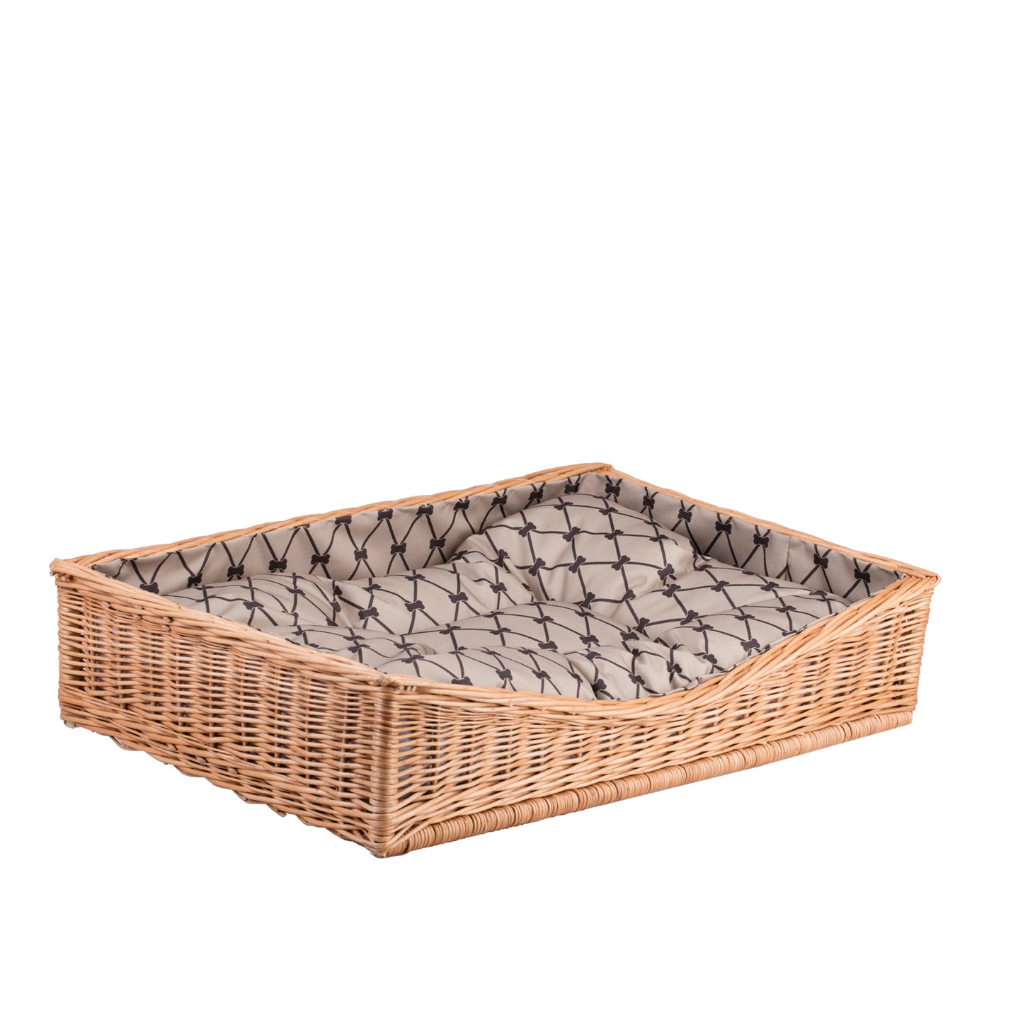 Eris wiklinowy kosz-legowisko dla psa i kota z beżowym obszyciem, z poduszką i obniżonym wejściem TheWickerStories