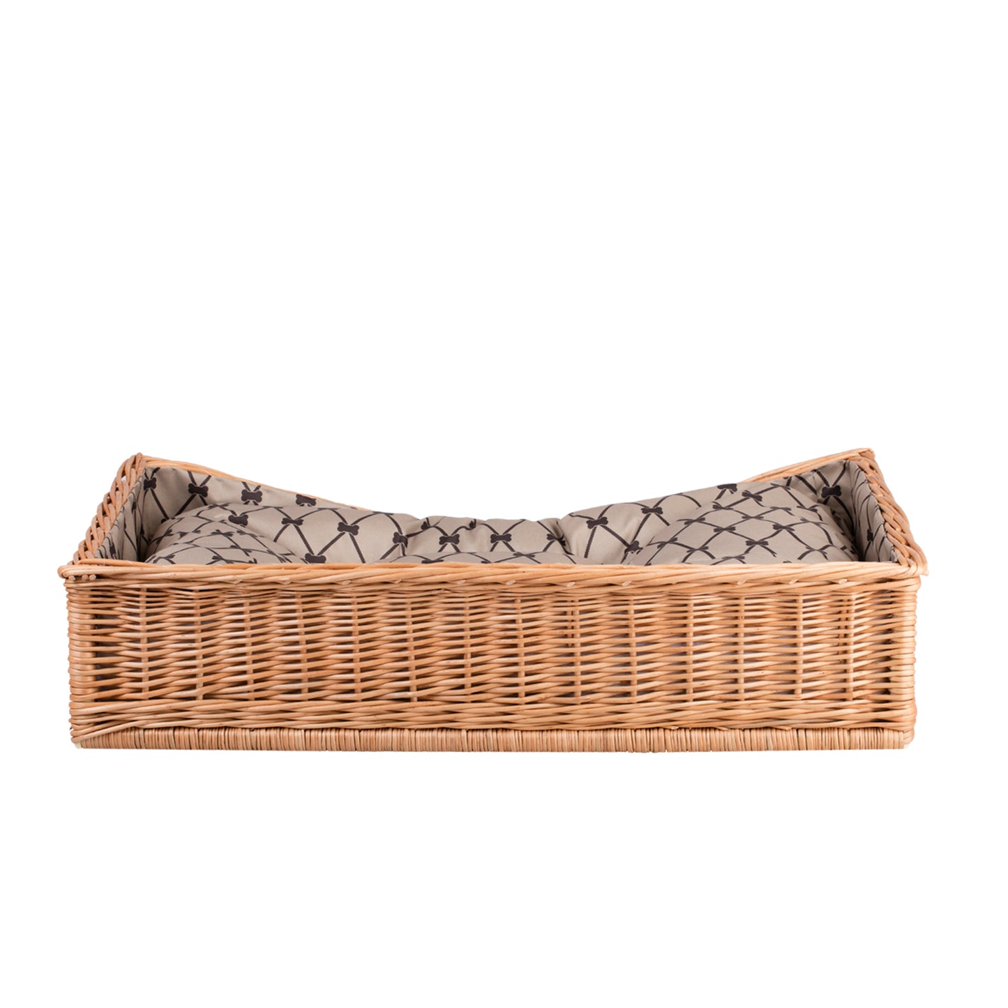 Eris wiklinowy kosz-legowisko dla psa i kota z beżowym obszyciem, z poduszką i obniżonym wejściem TheWickerStories