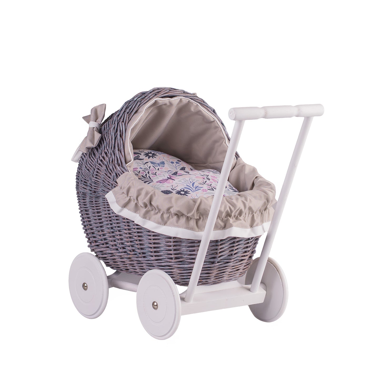 Lili wiklinowy wózek dla lalek z beżowym obszyciem, kołderką i poduszką TheWickerStories