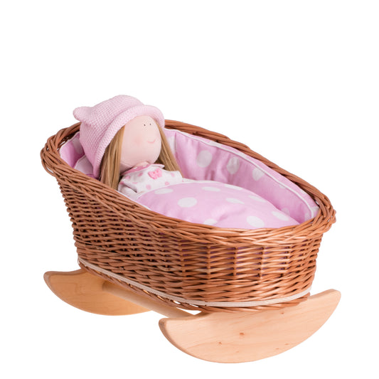 Mimi wiklinowa kołyska dla lalek z różowym obszyciem, poduszką i kołderką TheWickerStories