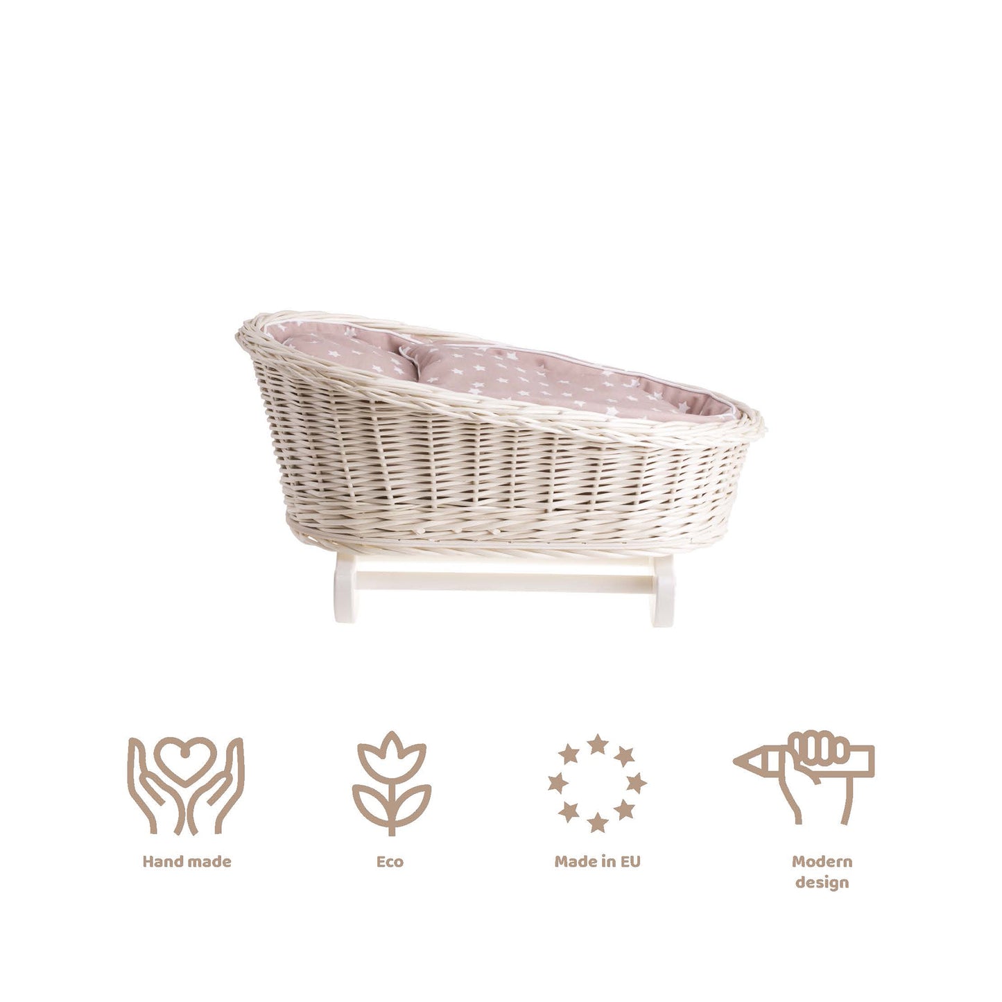 Mimi wiklinowa kołyska dla lalek z beżowym obszyciem, poduszką i kołderką TheWickerStories