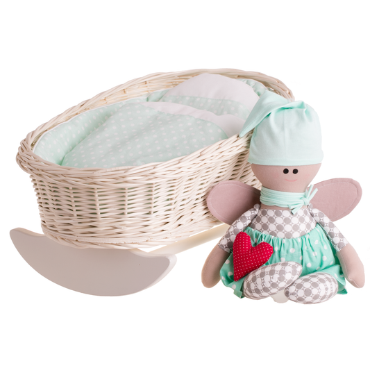 Mimi wiklinowa kołyska dla lalek z miętowym obszyciem, poduszką i kołderką TheWickerStories