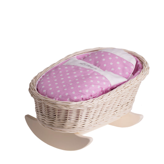 Mimi wiklinowa kołyska dla lalek z personalizacją, różowym obszyciem, poduszką i kołderką TheWickerStories