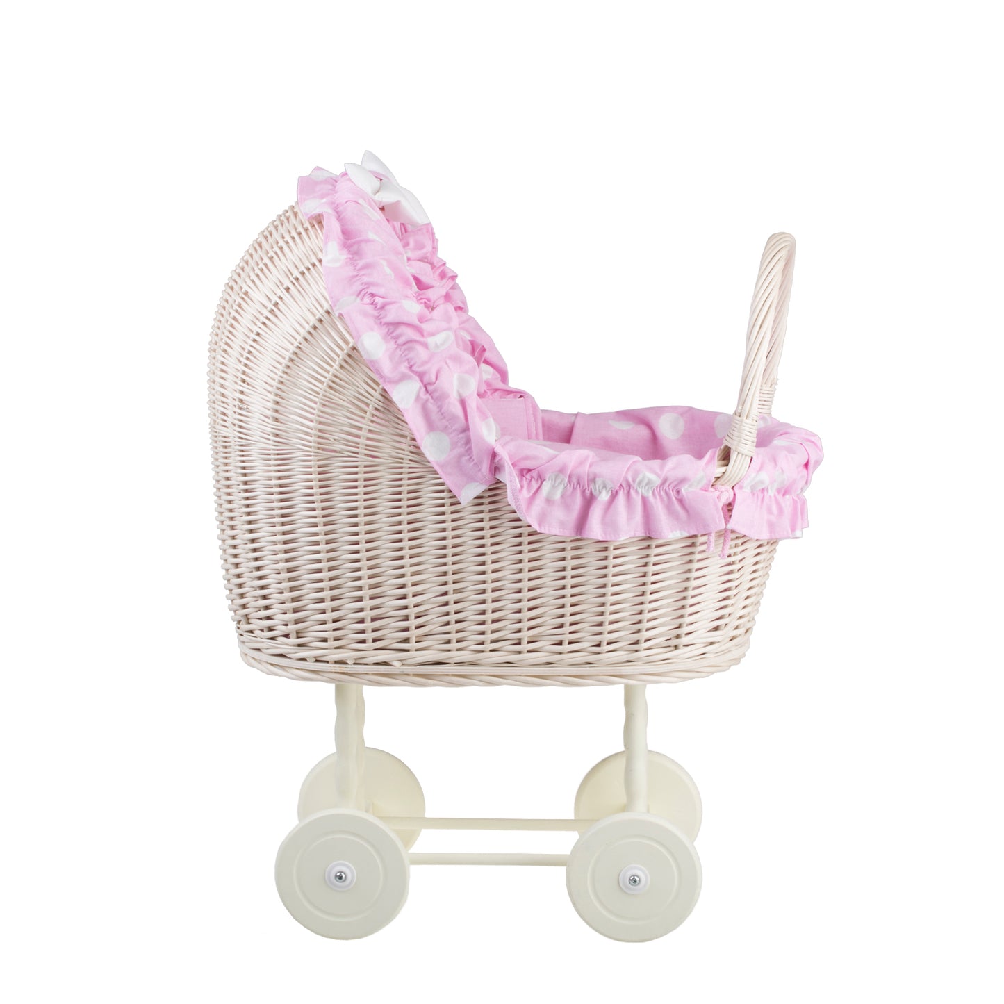 Lulu wiklinowy wózek dla lalek z różowym obszyciem, kołderką i poduszką TheWickerStories