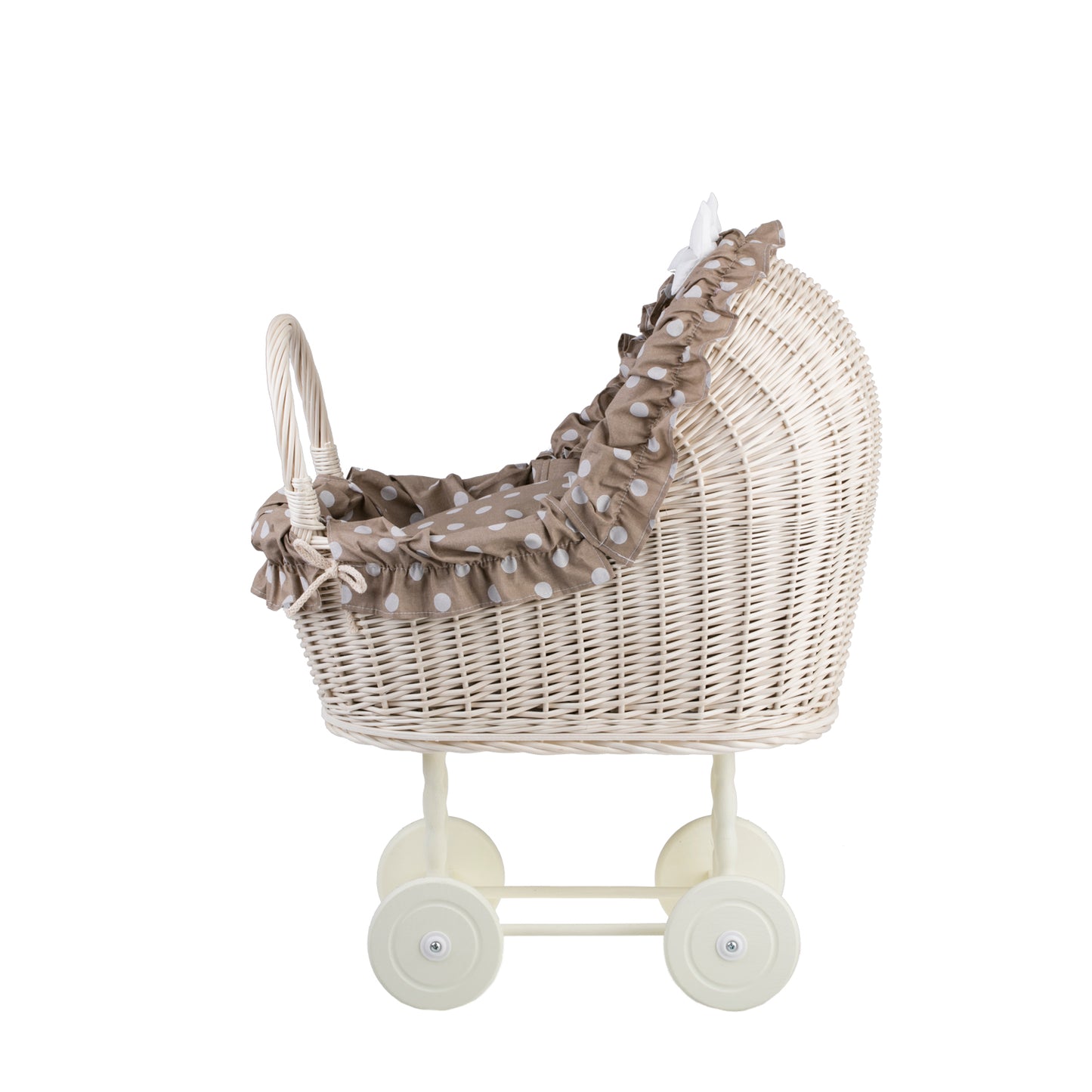 Lulu wiklinowy wózek dla lalek z beżowym obszyciem, kołderką i poduszką TheWickerStories