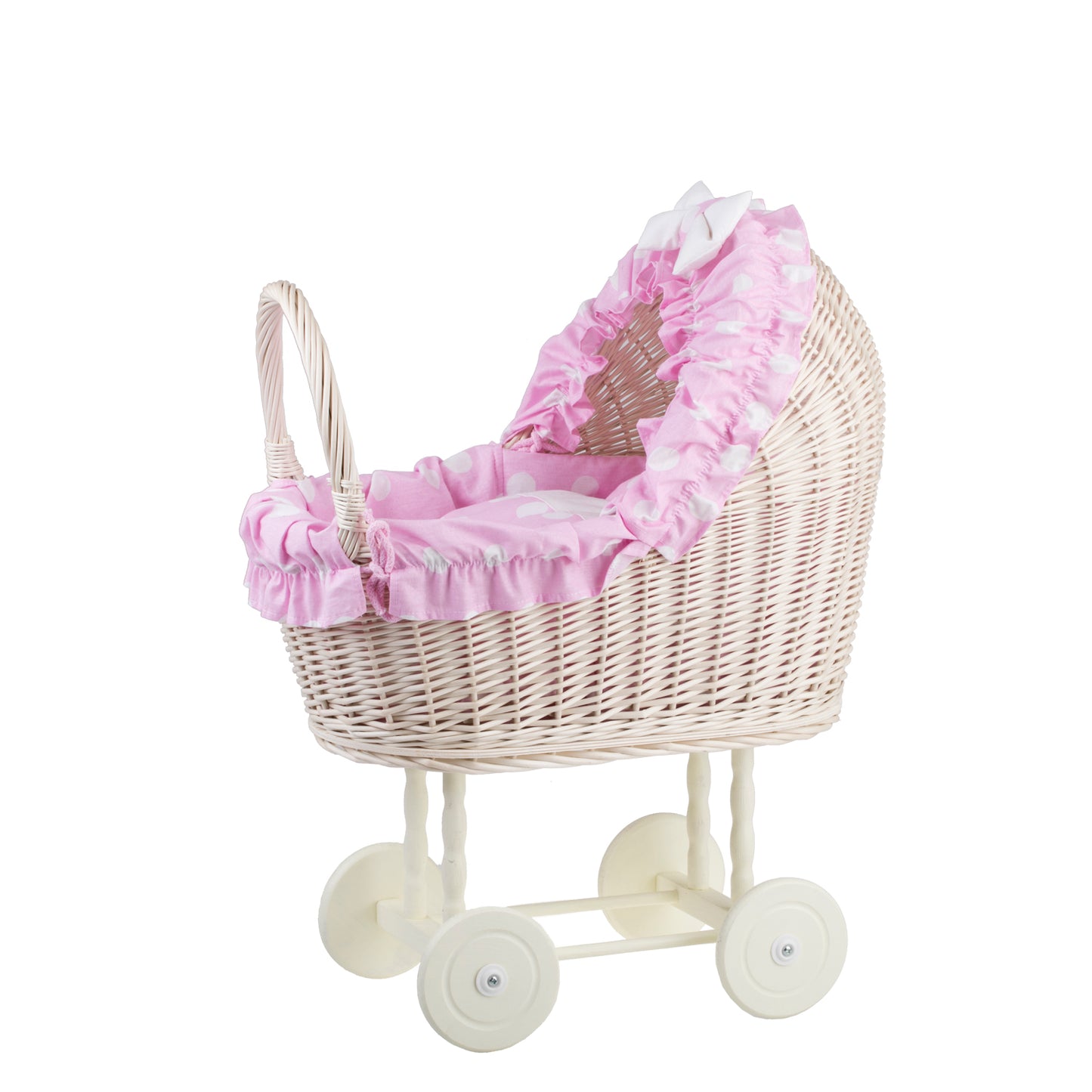 Lulu wiklinowy wózek dla lalek z różowym obszyciem, kołderką i poduszką TheWickerStories