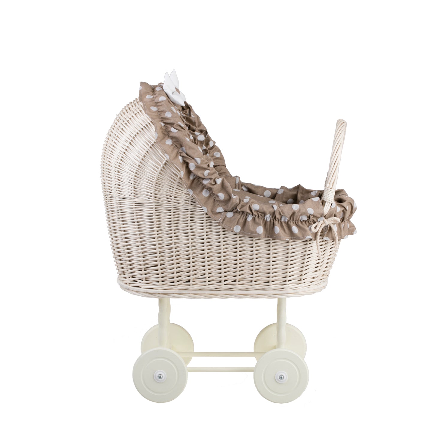 Lulu wiklinowy wózek dla lalek z beżowym obszyciem, kołderką i poduszką TheWickerStories
