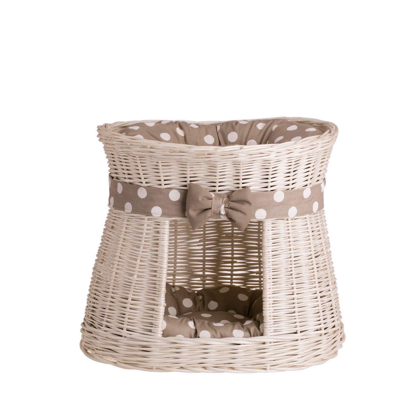 Erif wiklinowy domek dla kota z beżowymi poduszkami, dwie kondygnacje, z kokardą TheWickerStories