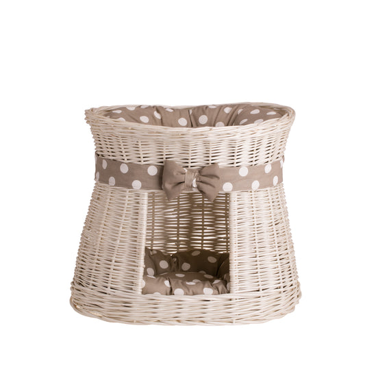 Erif wiklinowy domek dla kota z beżowymi poduszkami, dwie kondygnacje, z kokardą TheWickerStories