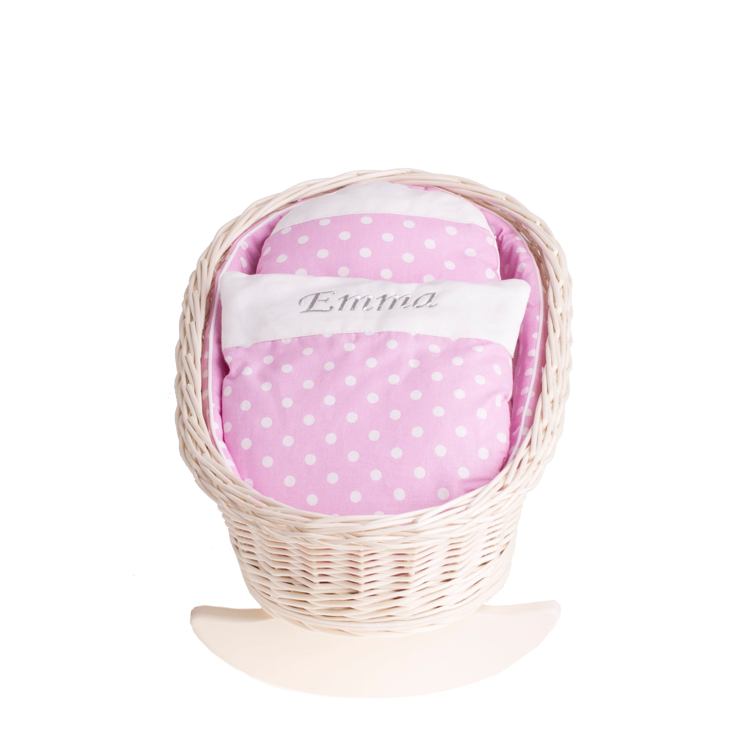Mimi wiklinowa kołyska dla lalek z personalizacją, różowym obszyciem, poduszką i kołderką TheWickerStories