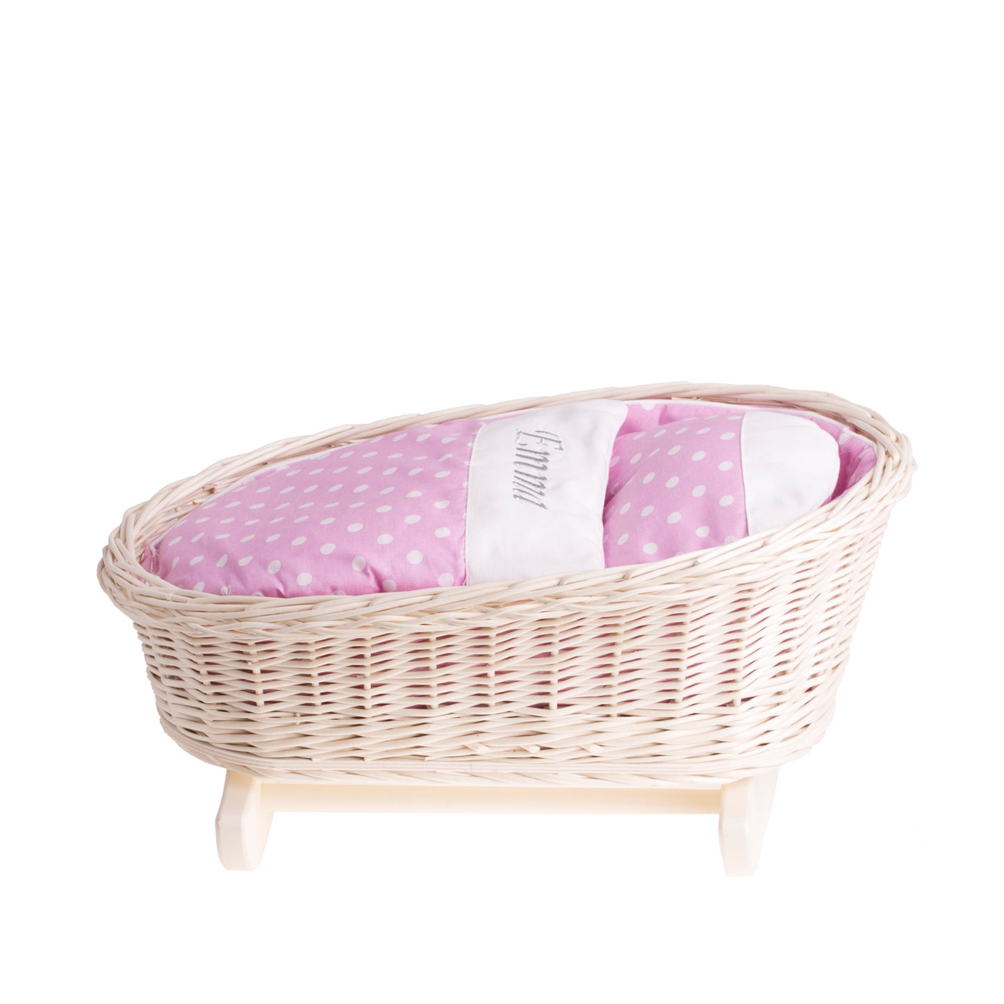 Mimi wiklinowa kołyska dla lalek z personalizacją, różowym obszyciem, poduszką i kołderką TheWickerStories