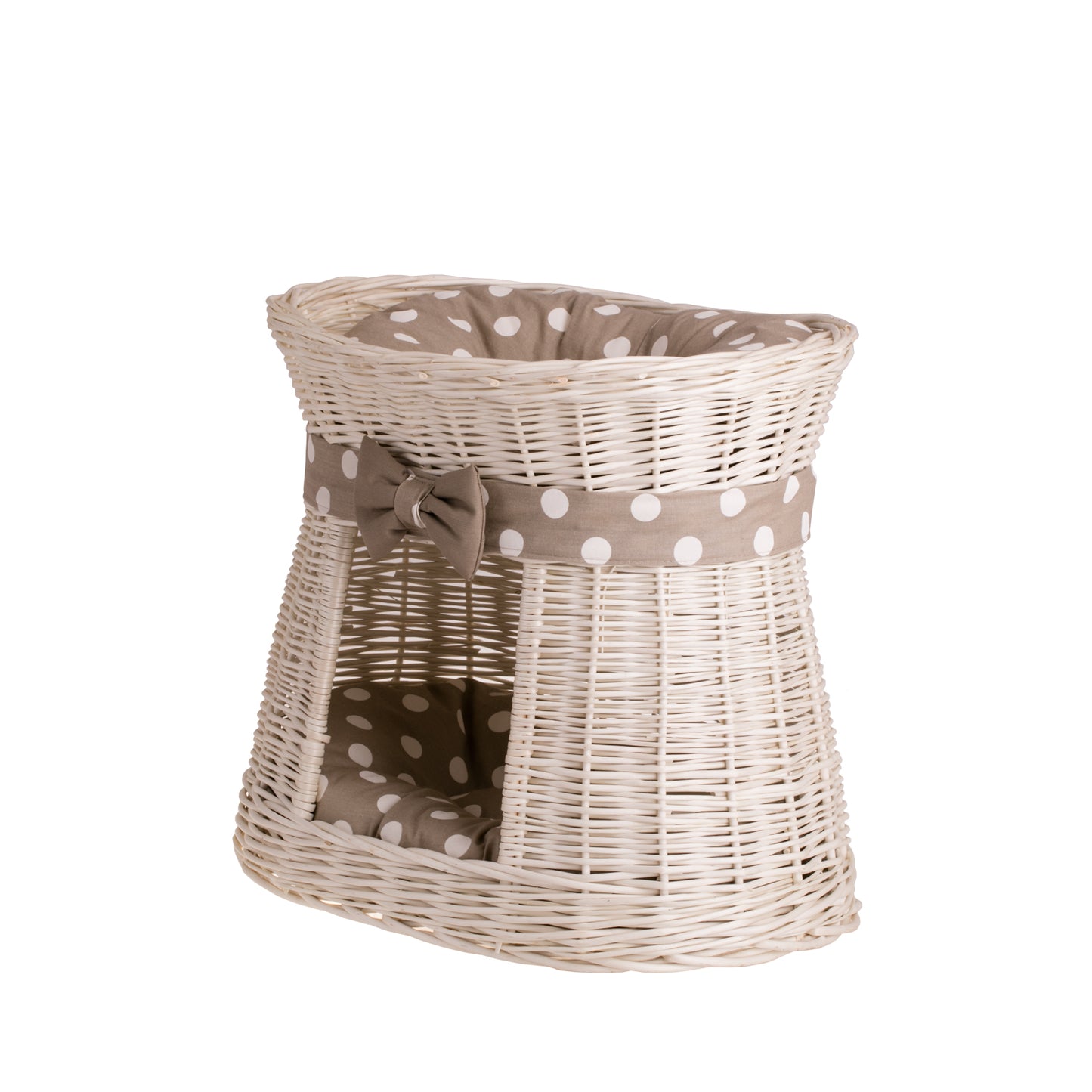 Erif wiklinowy domek dla kota z beżowymi poduszkami, dwie kondygnacje, z kokardą TheWickerStories