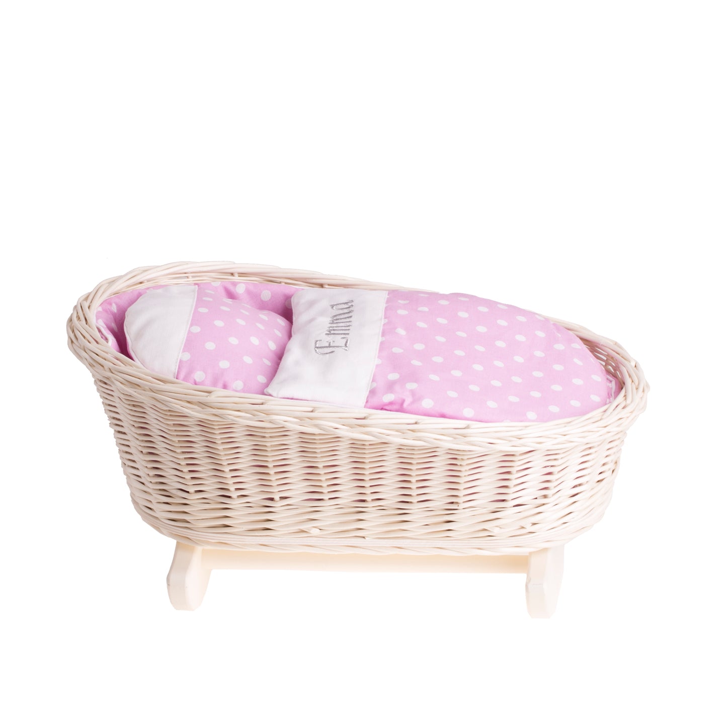 Mimi wiklinowa kołyska dla lalek z personalizacją, różowym obszyciem, poduszką i kołderką TheWickerStories