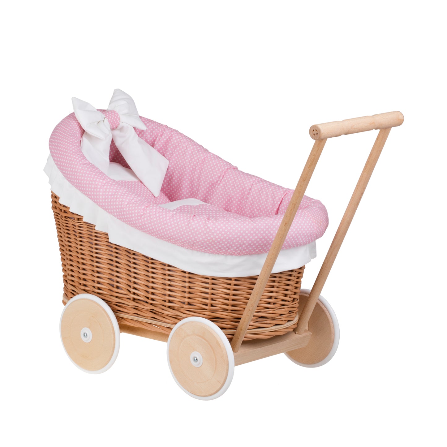 Luna wiklinowy wózek dla lalek z różowym obszyciem, kołderką i poduszką TheWickerStories