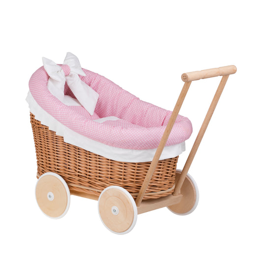 Luna wiklinowy wózek dla lalek z różowym obszyciem, kołderką i poduszką TheWickerStories