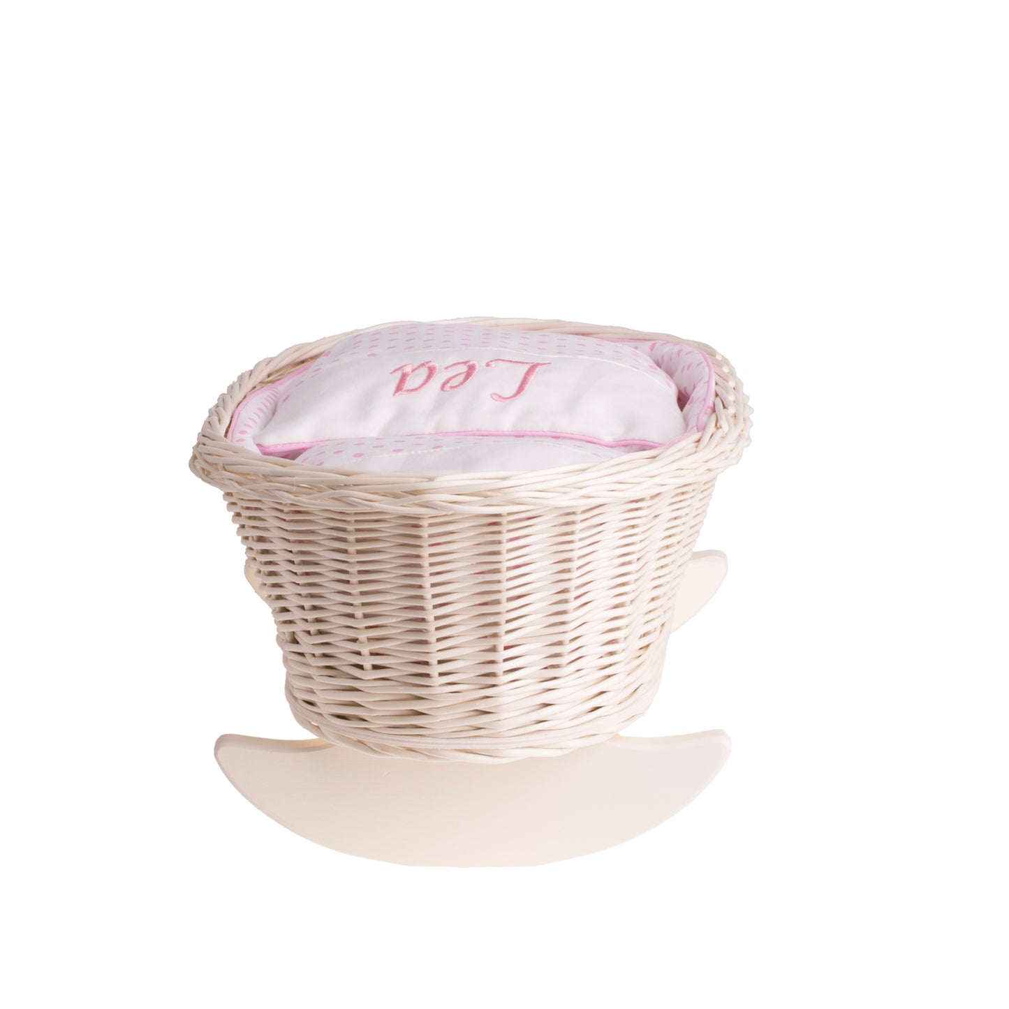 Mimi wiklinowa kołyska dla lalek z personalizacją, różowym obszyciem, poduszką i kołderką TheWickerStories