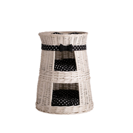 Elnoria wiklinowy domek dla kota z czarnymi poduszkami, trzy poziomy TheWickerStories