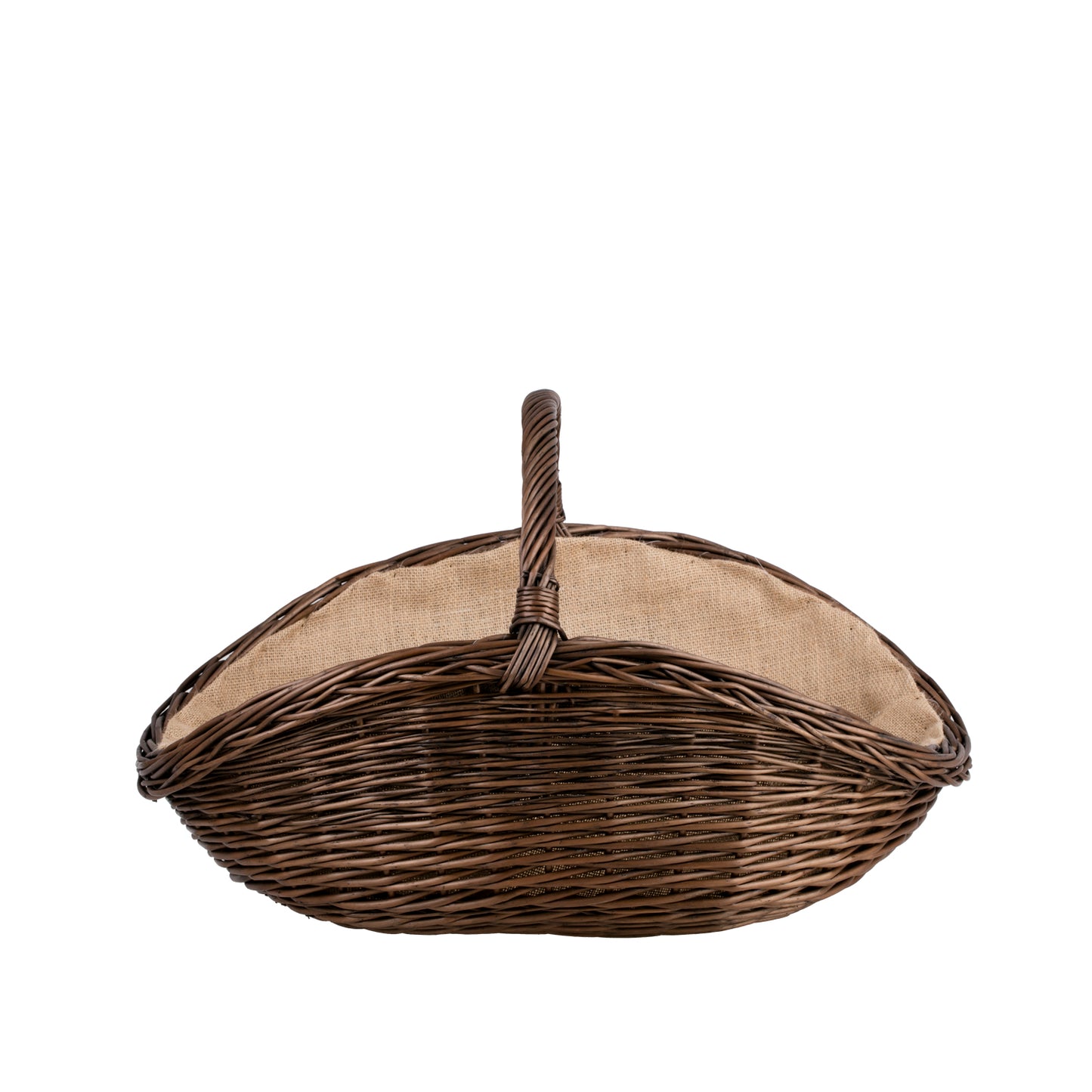 Florus wiklinowy kosz na drewno do kominka z jutowym obszyciem, z rączką TheWickerStories