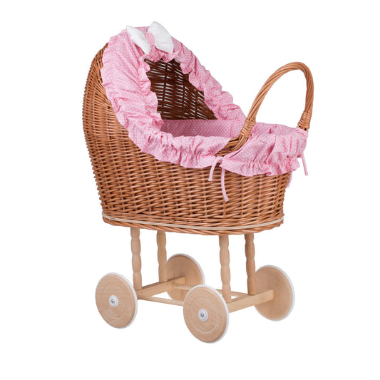 Lulu wiklinowy wózek dla lalek z różowym obszyciem, kołderką i poduszką TheWickerStories