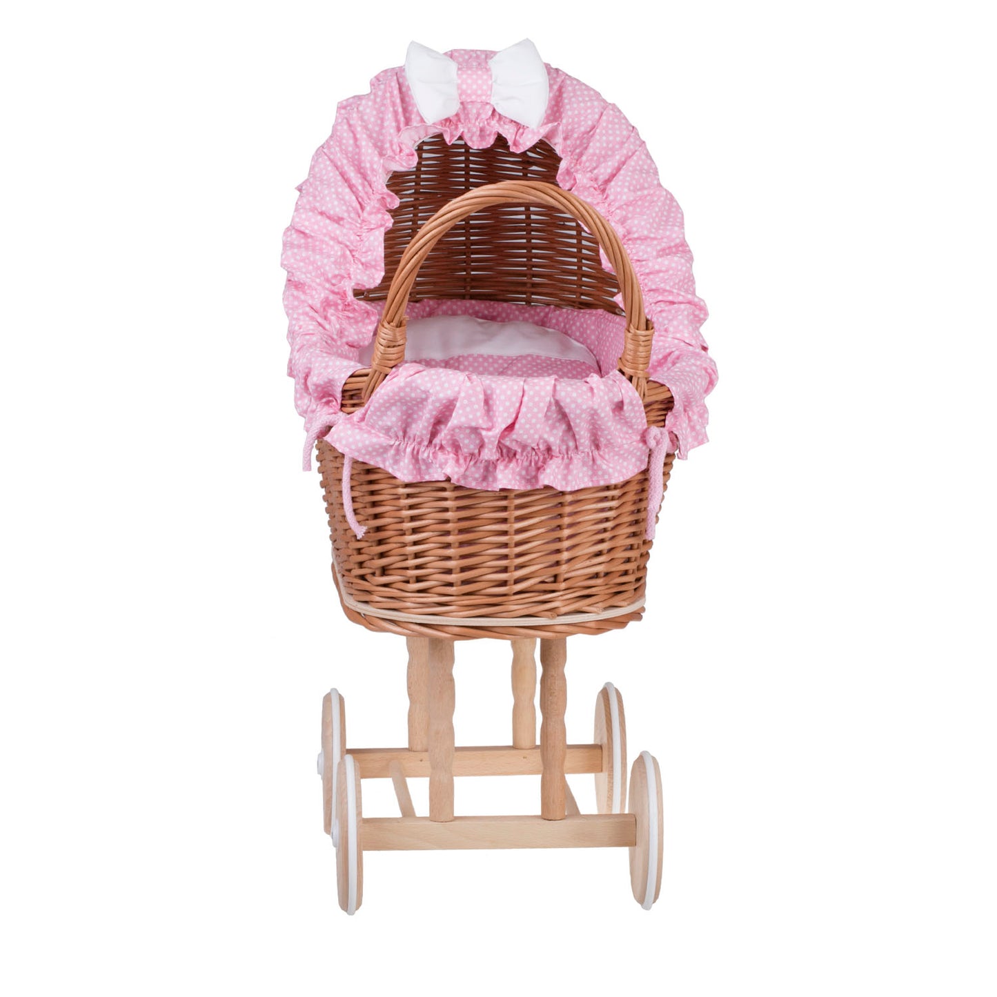 Lulu wiklinowy wózek dla lalek z różowym obszyciem, kołderką i poduszką TheWickerStories