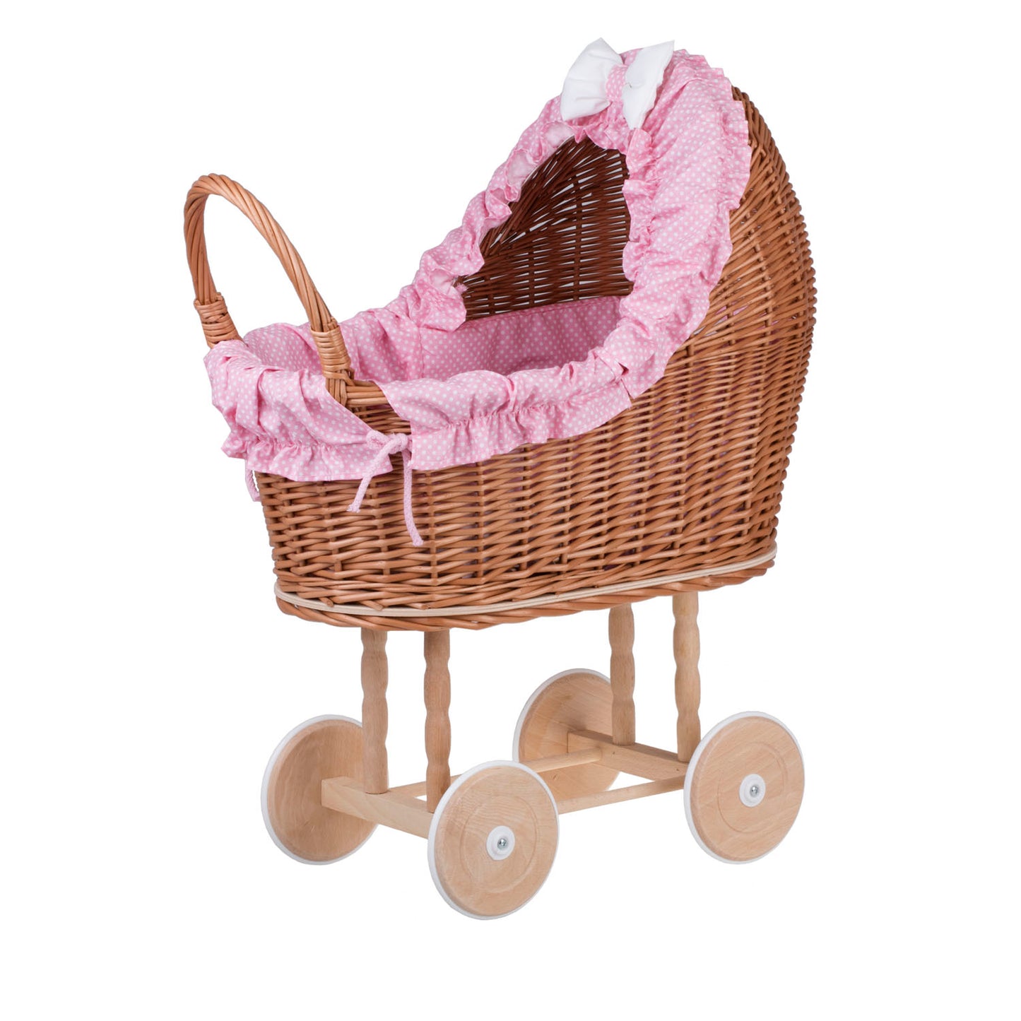 Lulu wiklinowy wózek dla lalek z różowym obszyciem, kołderką i poduszką TheWickerStories