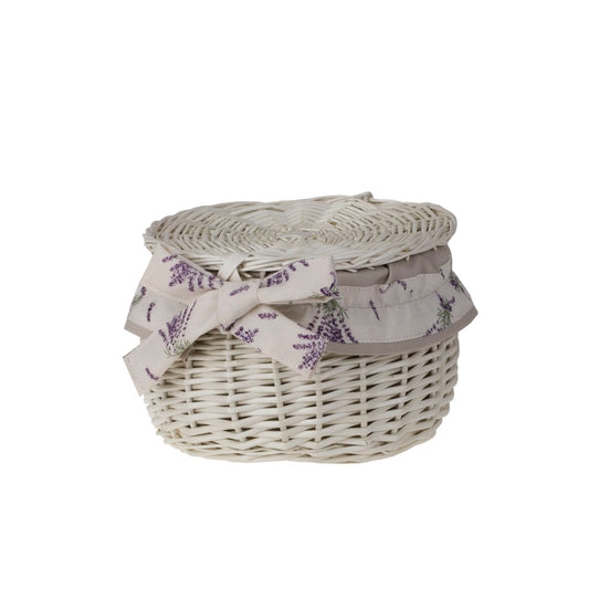 Wiloris wiklinowy kuferek na biżuterię z kremowym obszyciem, z pokrywą i kokardą TheWickerStories