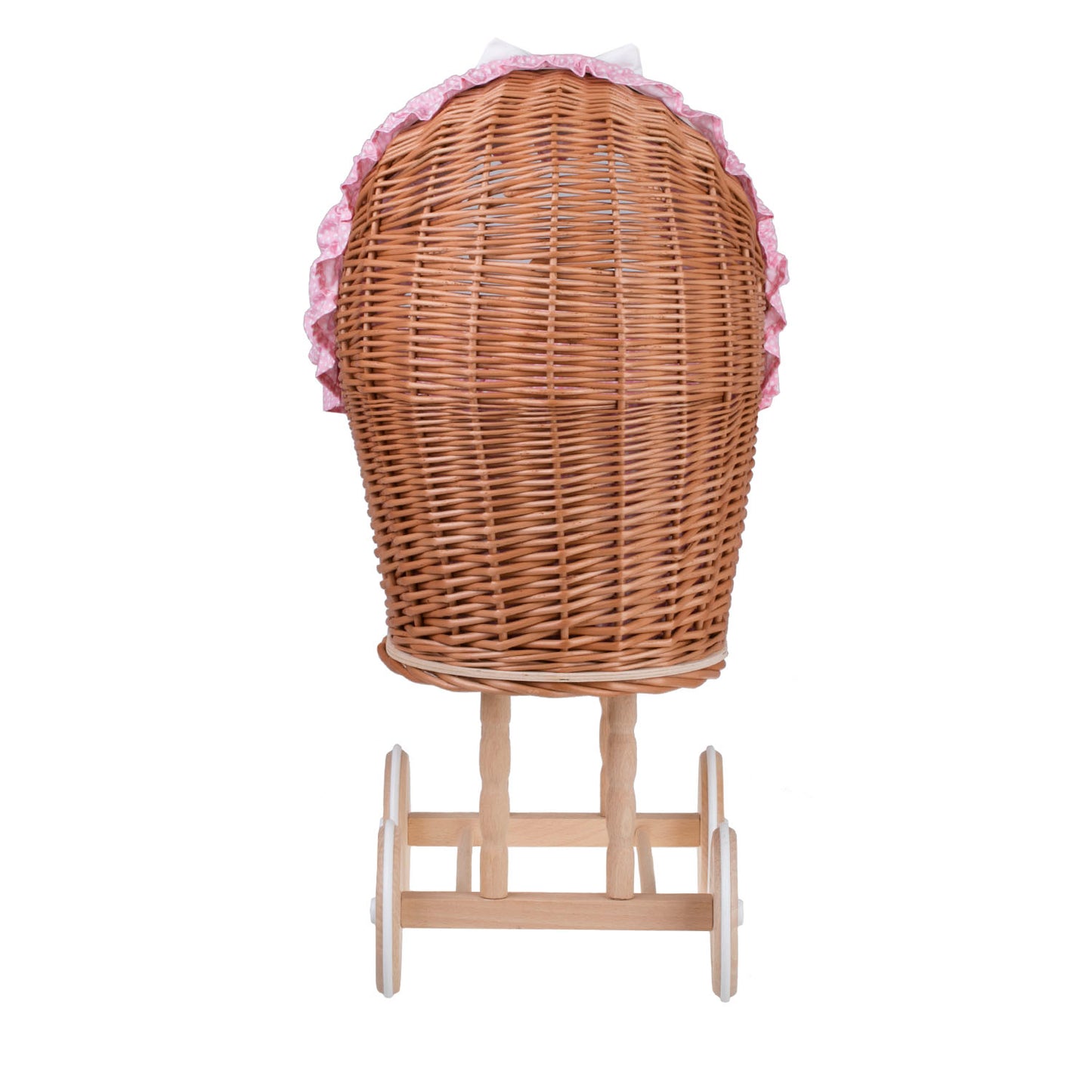 Lulu wiklinowy wózek dla lalek z różowym obszyciem, kołderką i poduszką TheWickerStories