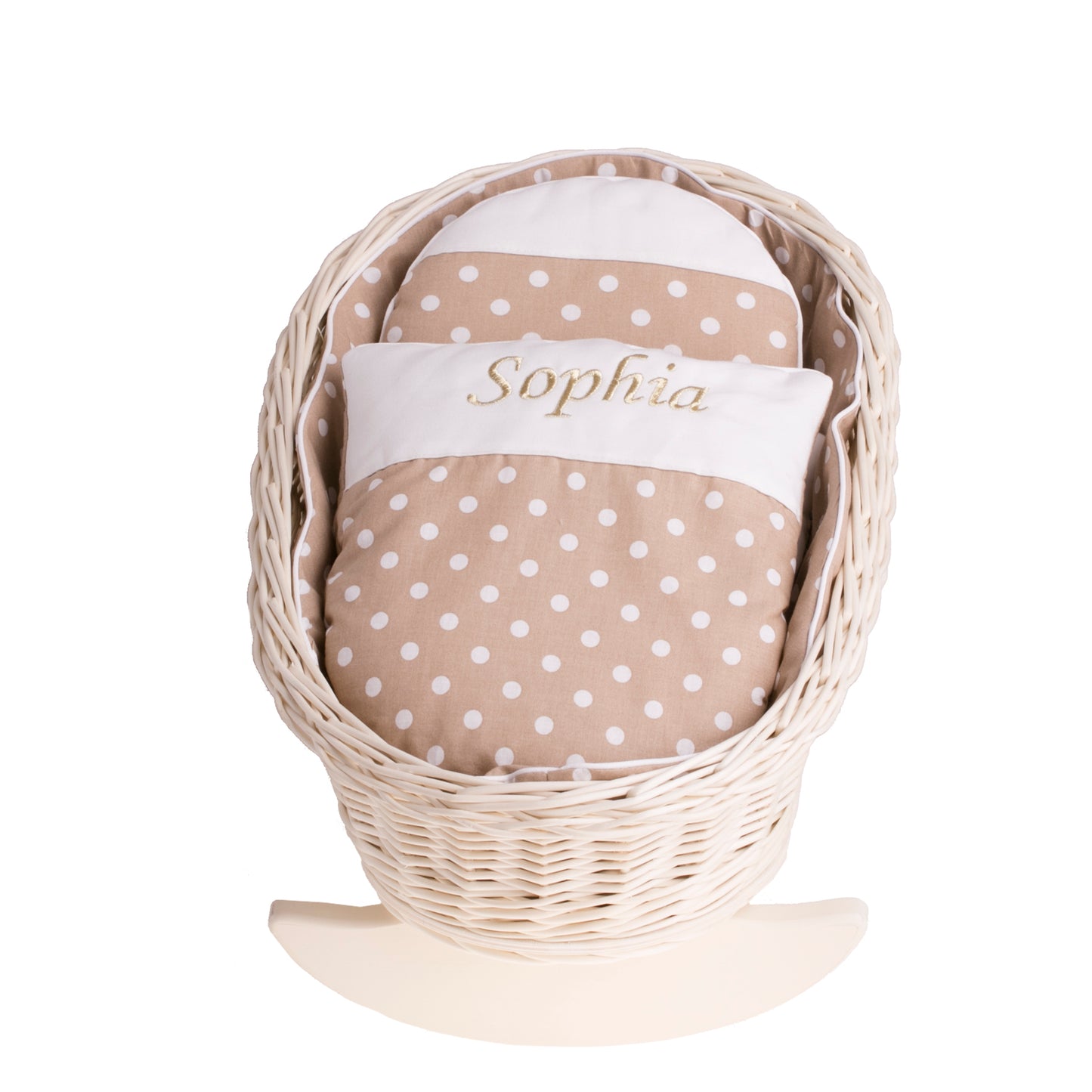 Mimi wiklinowa kołyska dla lalek z personalizacją, beżowym obszyciem, poduszką i kołderką TheWickerStories