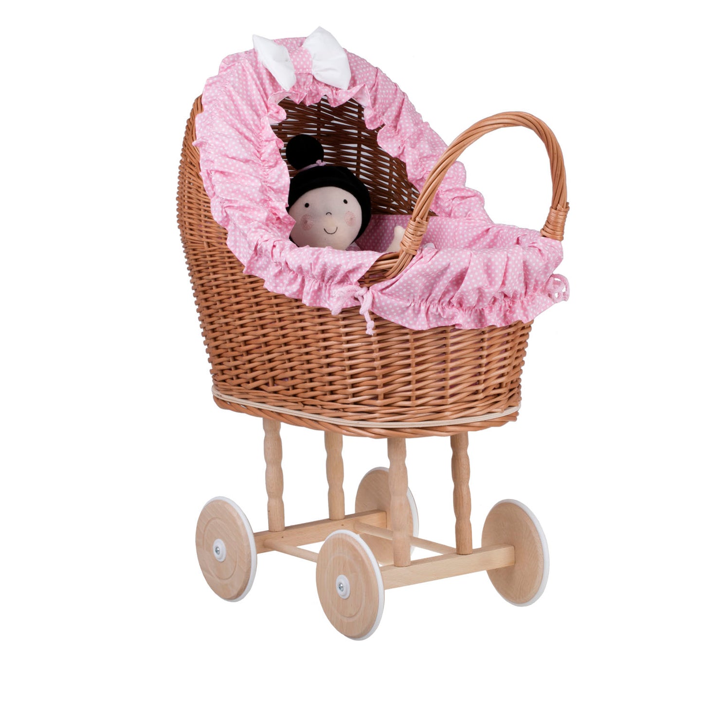 Lulu wiklinowy wózek dla lalek z różowym obszyciem, kołderką i poduszką TheWickerStories