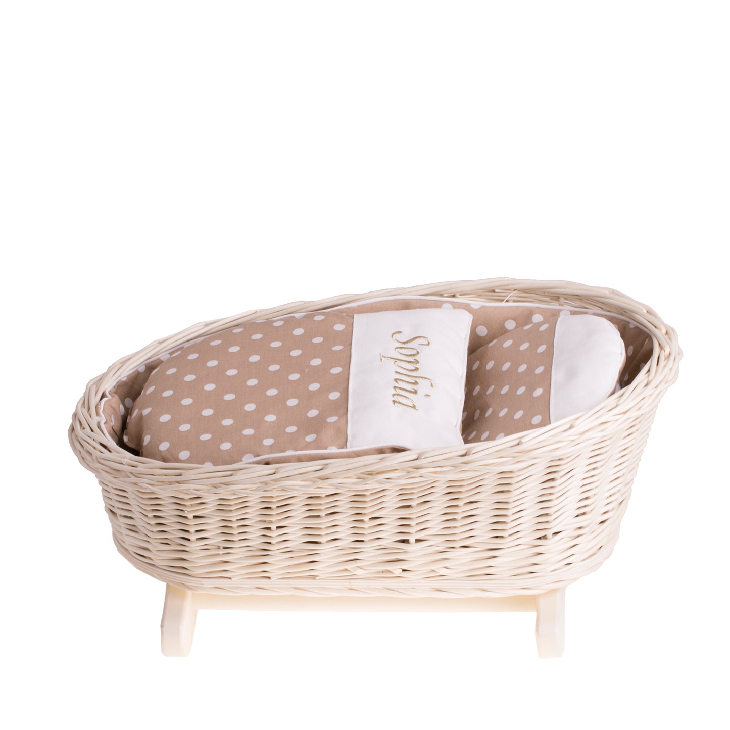 Mimi wiklinowa kołyska dla lalek z personalizacją, beżowym obszyciem, poduszką i kołderką TheWickerStories